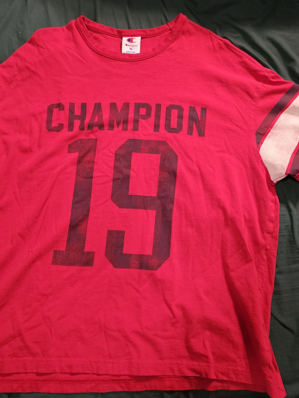 Champion Men's Bright Red Short Sleeve Graphic Tee with Number 19
